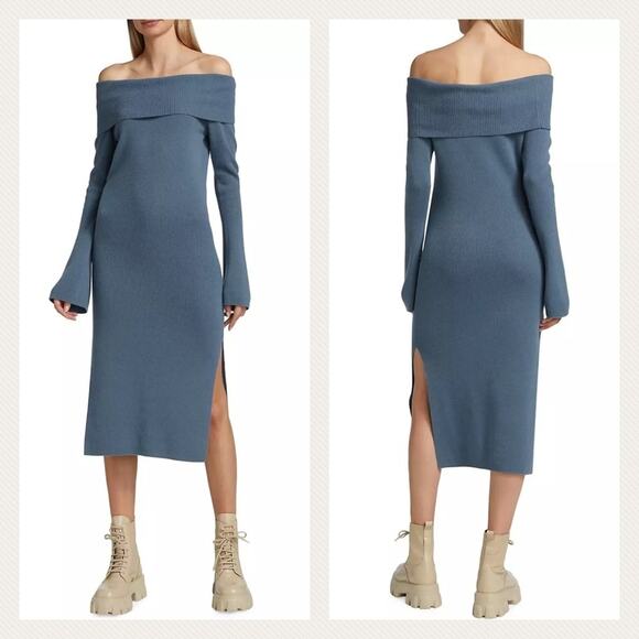 Naadam Cashmere Wool Blend Knit Dress In Slate Blue Size M - Picture 3 of 16